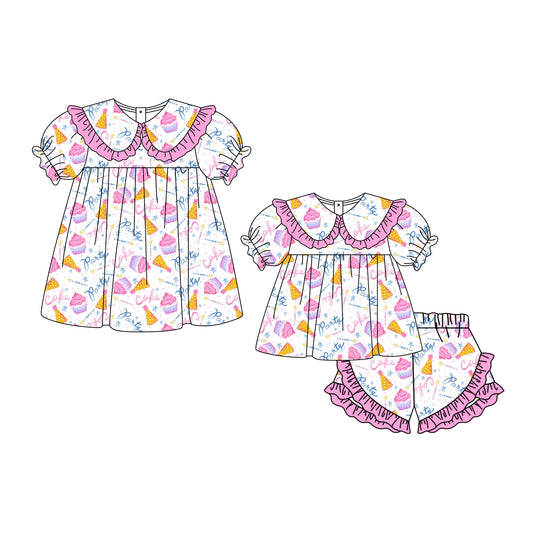 ( Moq 5 Each Style ) Baby Girls Kids Short Sleeves Cakes Birthday Sibling Dress Set