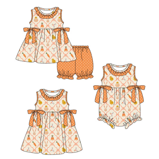 ( Moq 5 Each Style ) Baby Girls Kids Sleeveless Rabbits Carrots Sibling Easter Romper Dress Set