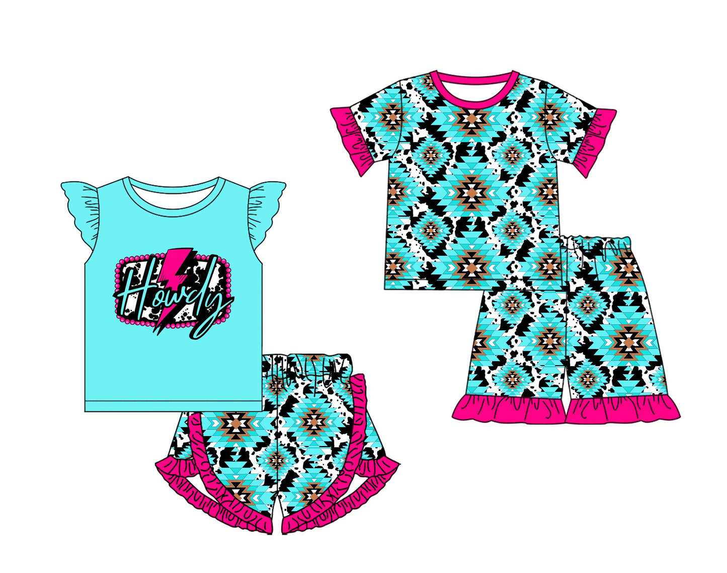 Baby Girl Short Sleeves Western Howdy Aztec Sibling Set ( Moq 5 Each Style ) 3.6