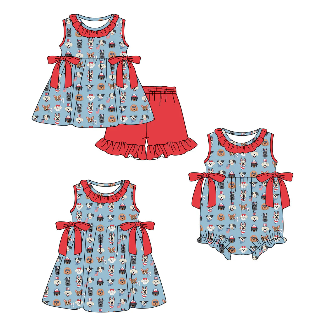 ( Moq 5 Each Style ) Baby Girls Kids Animals Sibling 4th of July Romper Dress Set