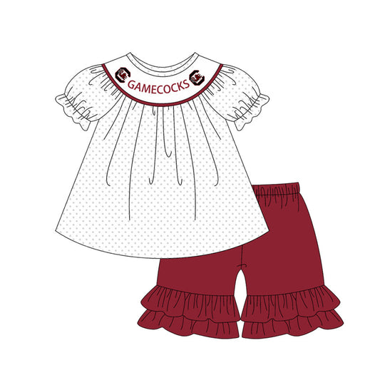 Baby Girl Short Sleeves Team Tunic Ruffle Red Shorts Clothes Set Moq 5