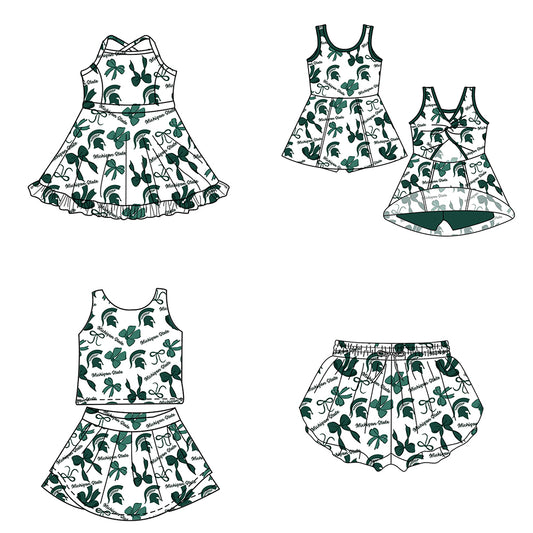( Moq 5 Each Style ) Baby Girls Toddler Green Bows Sibling Team Shorts Dresses Set Clothes