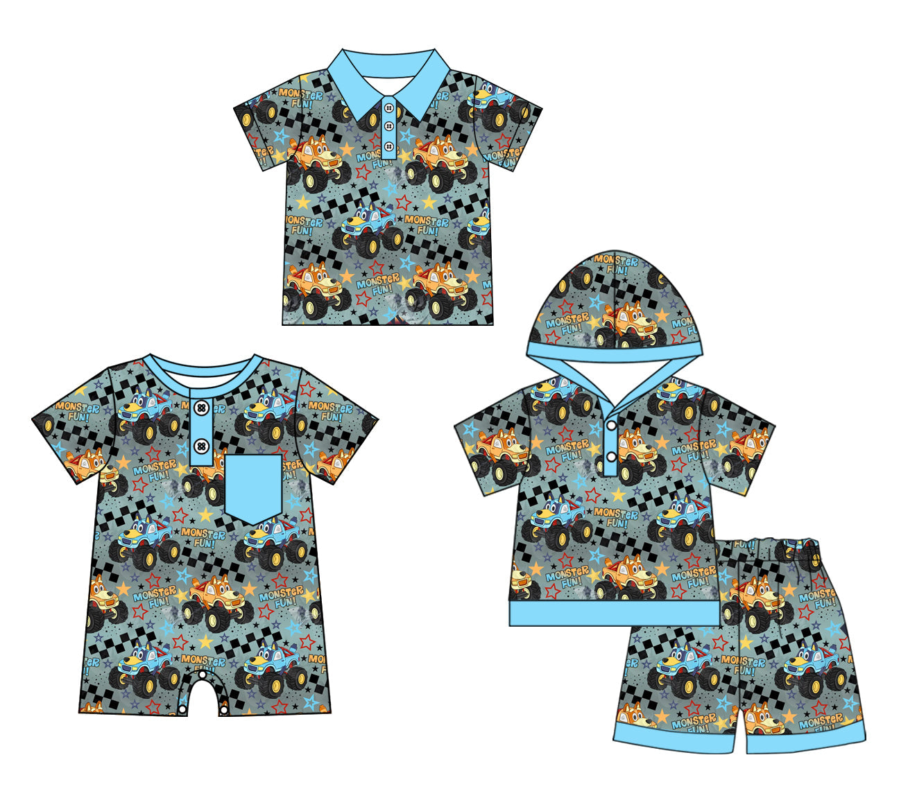 Baby Boy Short Sleeves Dogs Trucks Blue Sibling Romper Shirt Set ( Moq 5 Each Style ) 3.11