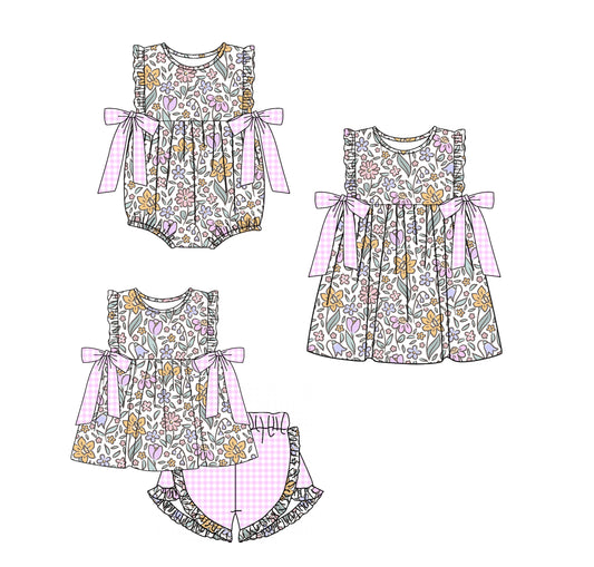 Baby Girl Floral Purple Bows Sibling Matching Romper Dress Clothes Set ( Moq 5 Each Design )