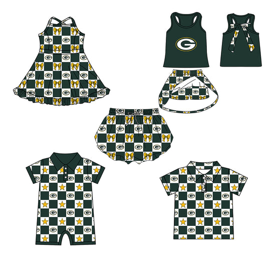 ( Moq 5 Each Style ) Baby Boys Girls Toddler Bows Green Plaid Team Sibling Shorts Dress Shirt Set Summer Clothes