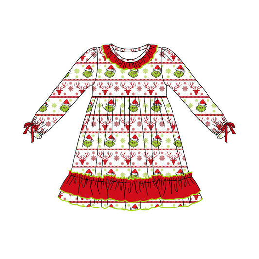 Baby Girl Long Sleeves Green Face Deer Christmas Dress