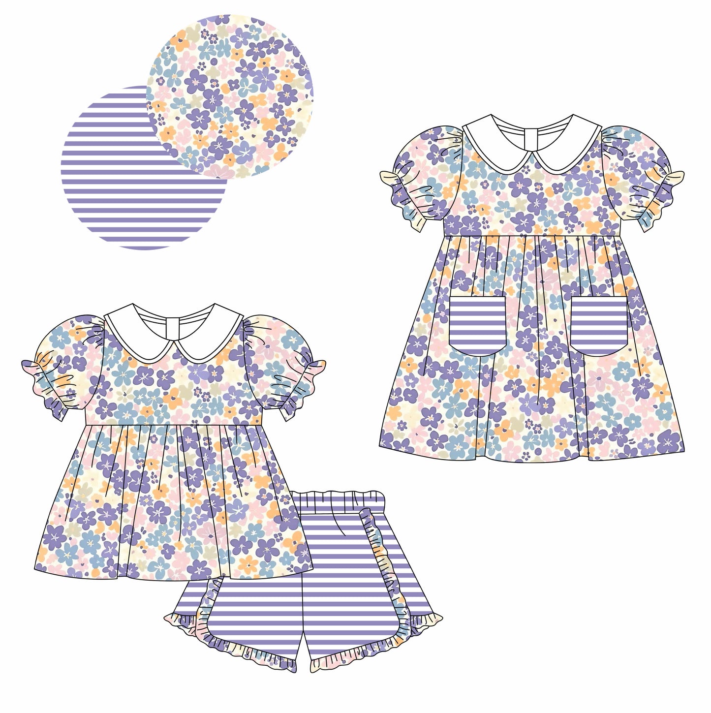 Baby Girl Short Sleeves Flower Sibling Matching Dress Clothes Set ( Moq 5 Each Design )