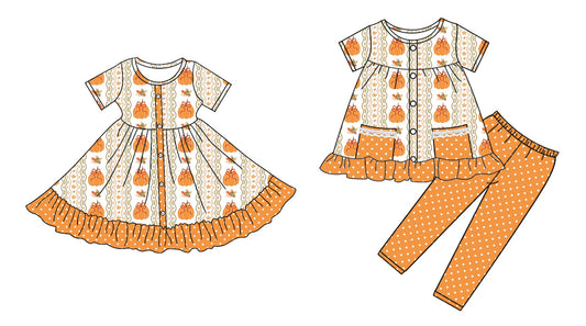 ( Moq 5 Each Style ) Baby Girl Toddler Short Sleeves Pumpkin Bows Flower Sibling Fall Dress Set 4.26