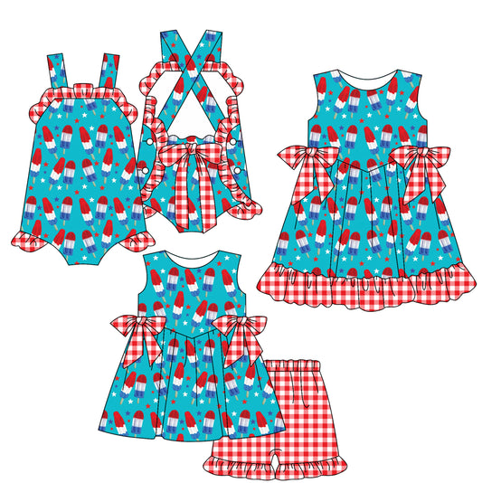 ( Moq 5 Each Style ) Baby Girls Kids Popsicle Stars Bows Sibling 4th of July Romper Dress Set