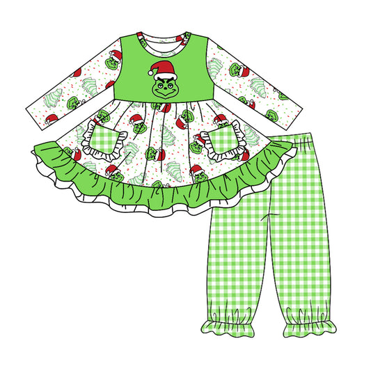 Baby Girl Long Sleeves Green Face Cakes Tops Plaid Pants Christmas Set