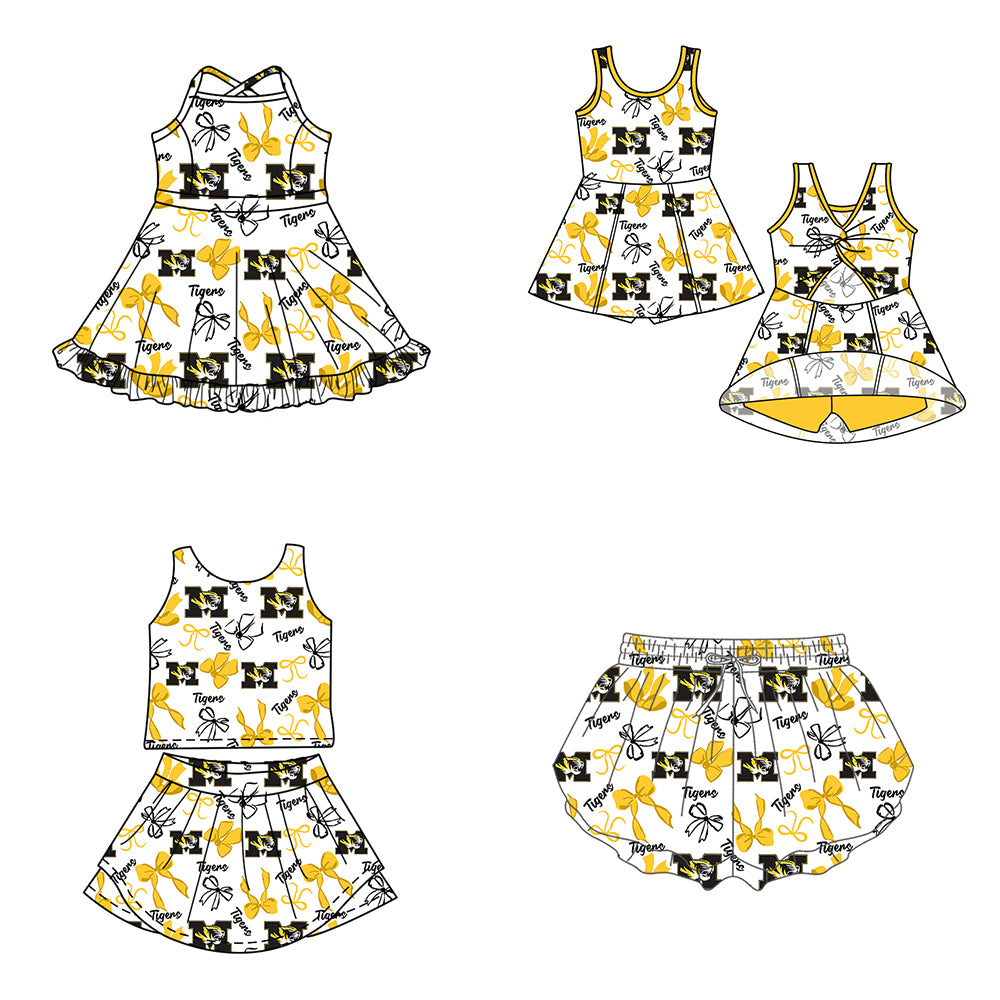 ( Moq 5 Each Style ) Baby Girls Kids Tigers Yellow Bows Sibling Team Shorts Dresses Set