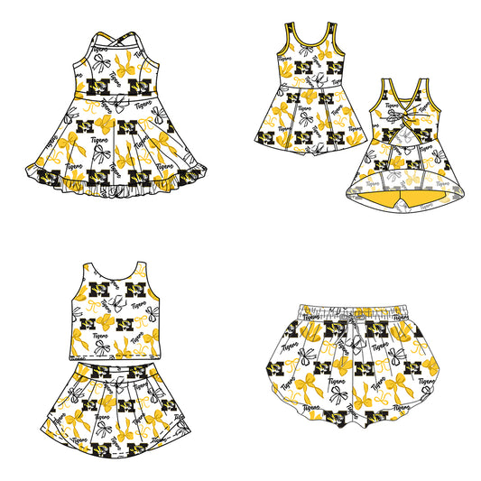 ( Moq 5 Each Style ) Baby Girls Kids Tigers Yellow Bows Sibling Team Shorts Dresses Set
