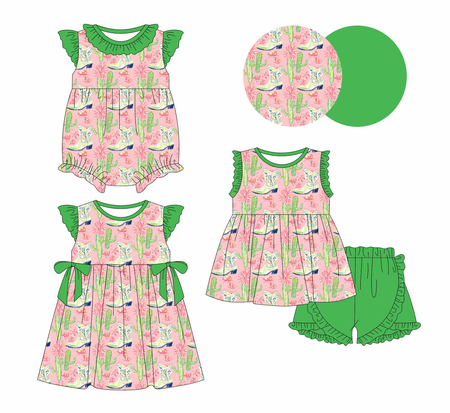 Baby Girl Western Boots Cactus Sibling Romper Dress Set ( Moq 5 Each Style ) 1.13