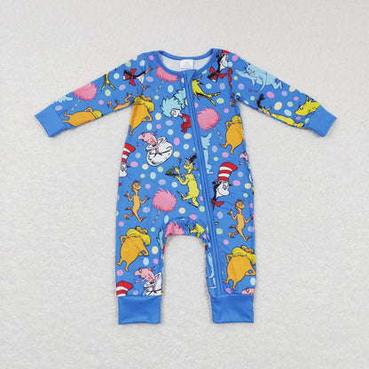 LR0784 Baby Boy Long Sleeves Dr Reading Zipper One Piece Blue Romper