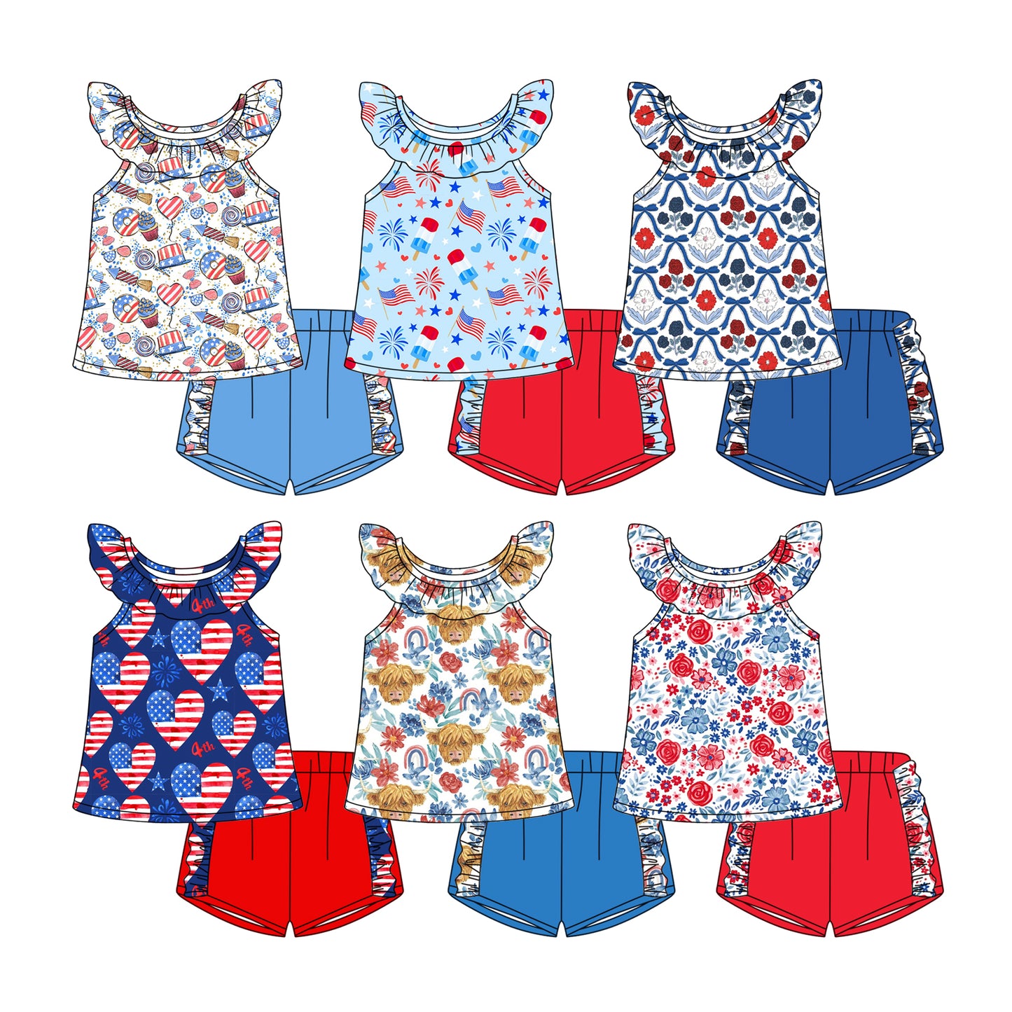 ( Moq 5 Each Style ) Sibling Baby Girls Kids 4th of July Shirt Shorts Sets Summer Clothes