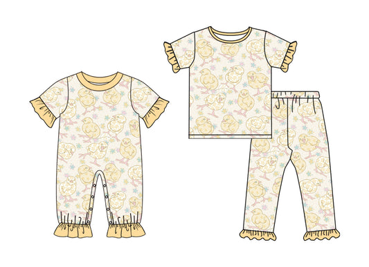( Moq 5 Each Style ) Girls Toddler Short Sleeves Chicks Flower Easter Sibling Romper Set