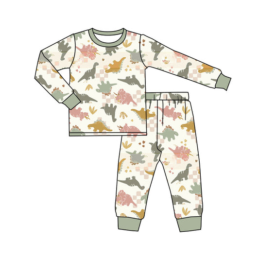 Baby Boy Toddler Long Sleeves Dinosaurs Checkered Shirt Pants Pajamas Set