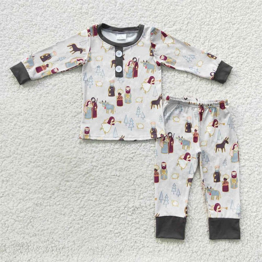 BLP0235 Baby Boy Long Sleeves Shirt Pants Christmas Nativity Outfit Pajamas