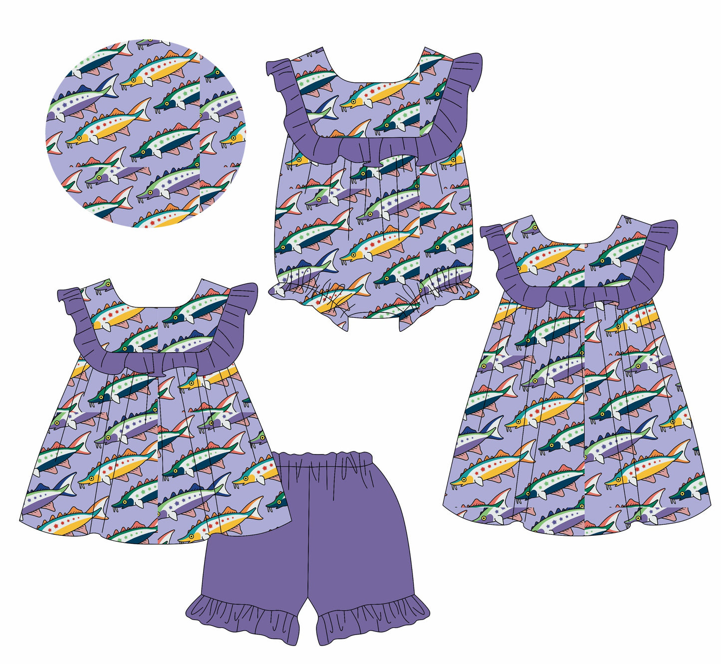 Baby Girl Short Sleeves Fish Purple Sibling Romper Dress Set ( Moq 5 Each Style ) 2.14