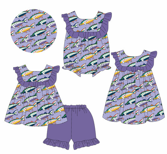 Baby Girl Short Sleeves Fish Purple Sibling Romper Dress Set ( Moq 5 Each Style ) 2.14