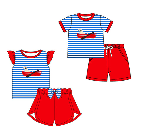 Baby Girl Short Sleeves Dog Fishing Shorts Sibling Matching Set ( Moq 5 Each Design )