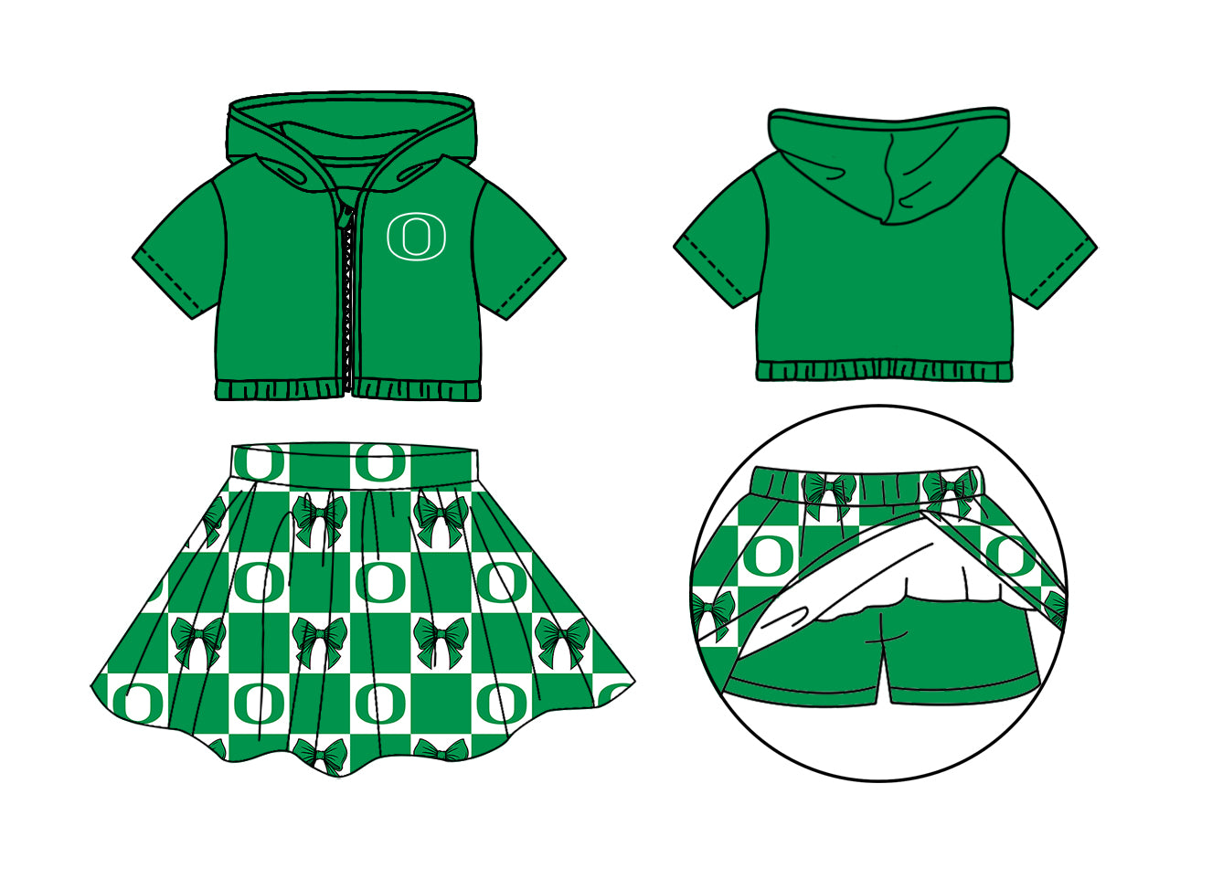 ( Moq 5 Each Style ) Baby Girls Kids Short Sleeves Hoodie Zipper Tops Green Bows Plaid Shorts Skirt Team Set