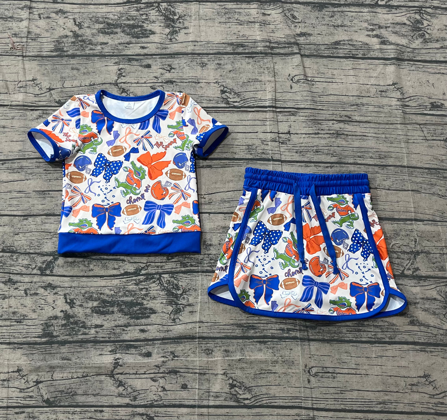 Baby Girls Toddler Short Sleeves Bows Football Team Shirt Shorts Yoga Blue Set RTS