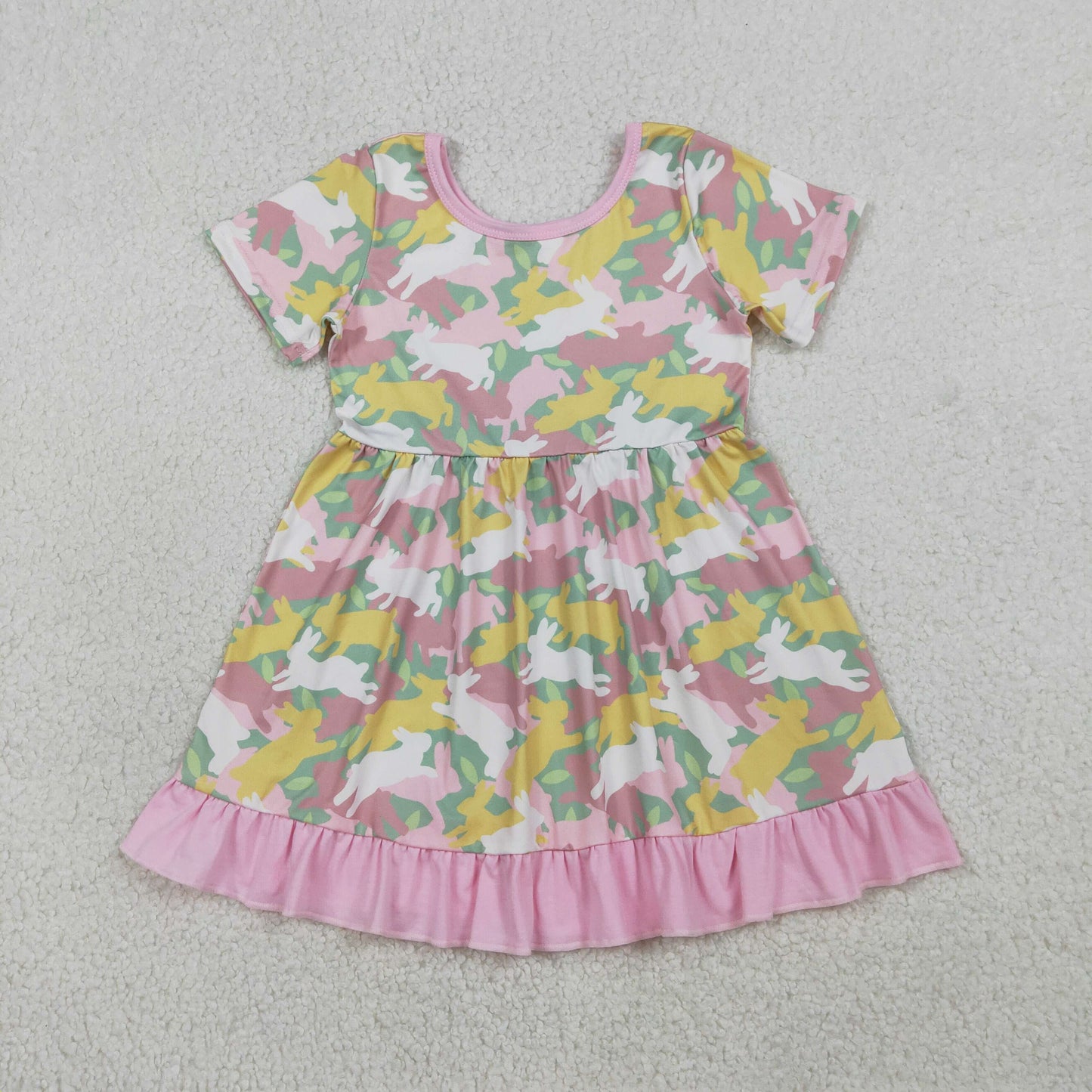 Baby Girls Short Sleeves Rabbits Camo Easter Knee Length Dress RTS