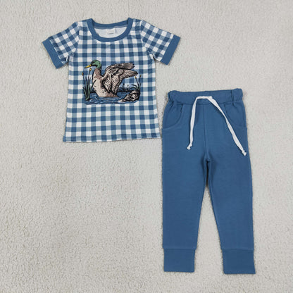 Sibling Baby Boys Short Sleeves Ducks Plaid Shirts Pockets Pants Sets Clothes RTS