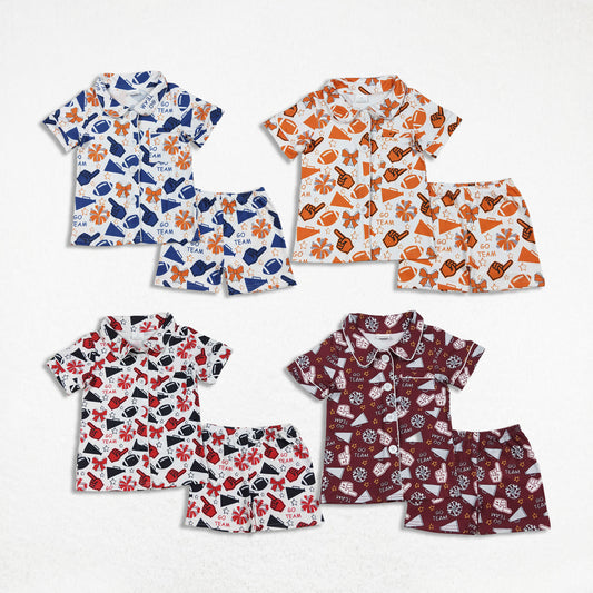 Sibling Girls Kids Shot Sleeves Football Stars Bows Cheer Buttons Shirt Short Pajamas Team Set RTS
