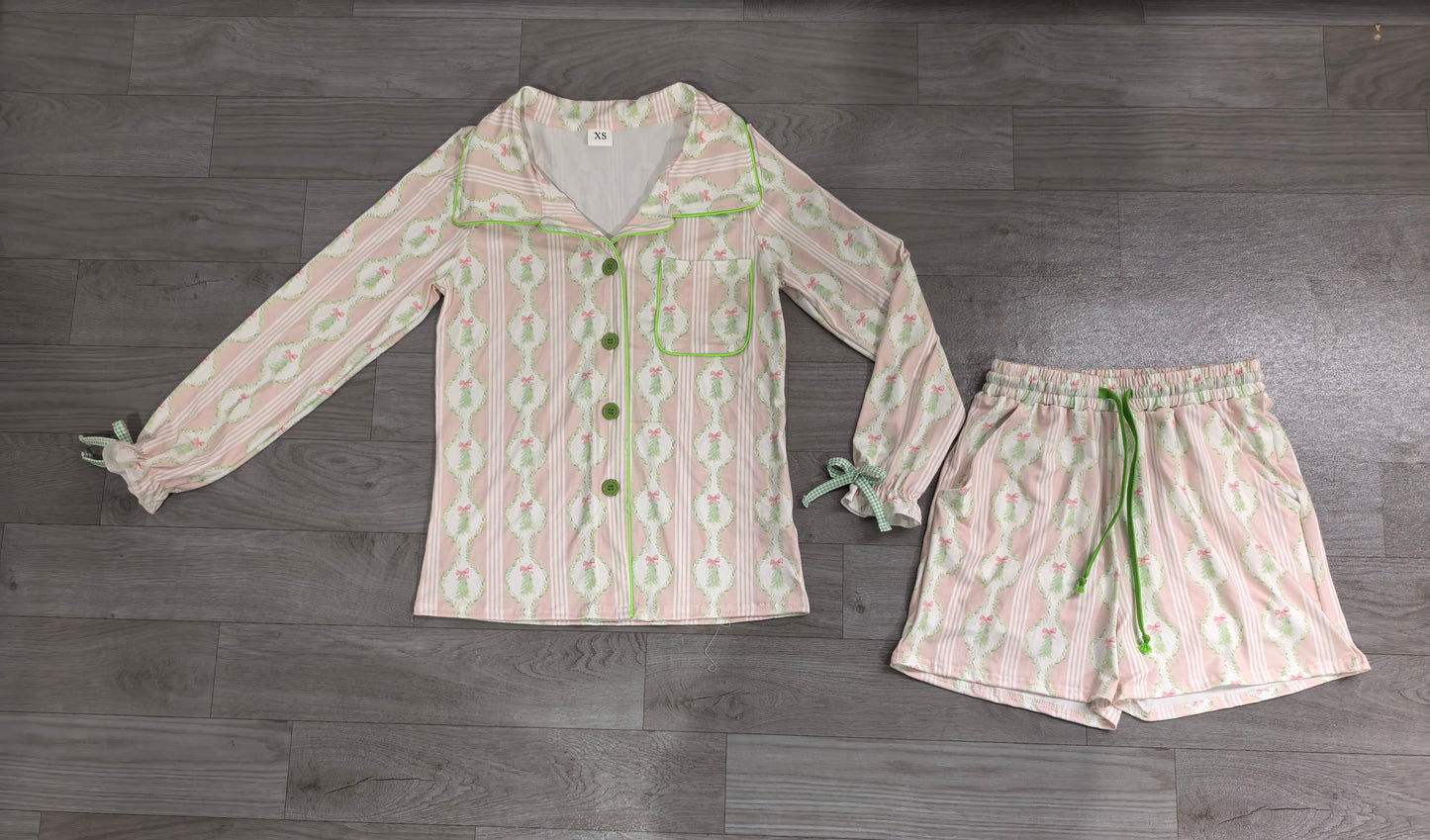 ( No moq ) Preorder Adult Women Long Sleeves Christmas Tree Bows Buttons Tops Shorts Pajamas Pink Set