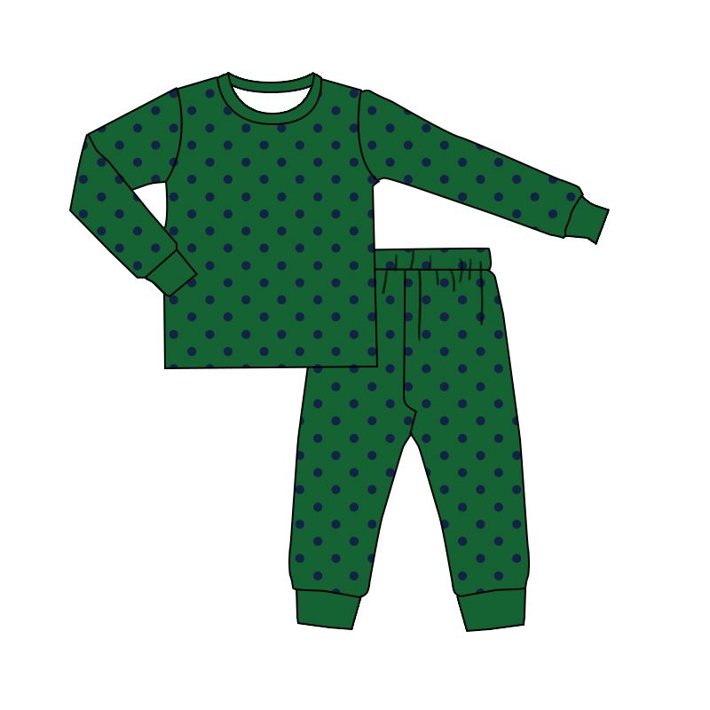 ( Moq 5 ) Preorder Baby Boys Kids Navy Dots Shirt Pants Green Set Pajamas Christmas Clothes