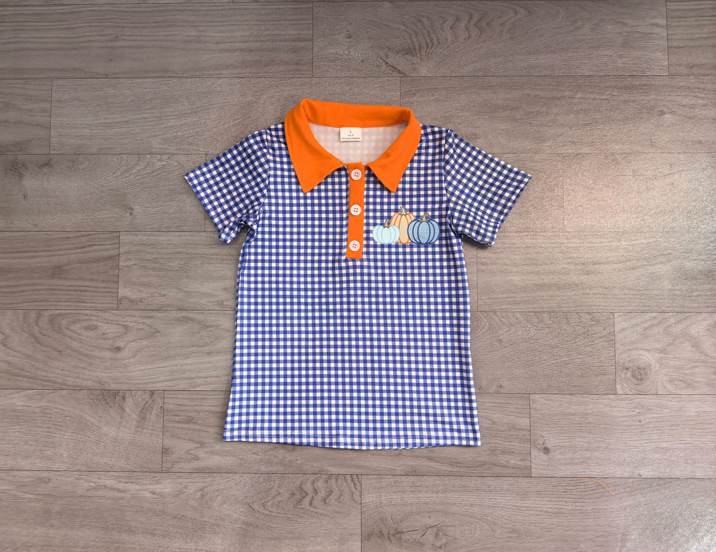 ( No moq ) Preorder Baby Boys Kids Embroidery Pumpkins Buttons Blue Plaid Shirt Kids Thanksgiving Clothes