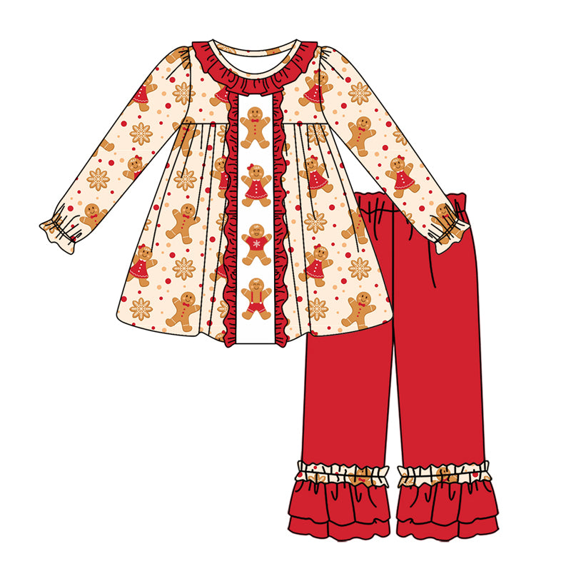 Baby Girl Long Sleeves Gingerbread Christmas Tops Red Pants Set