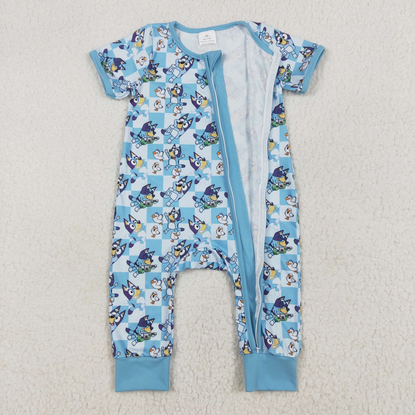 RTS Baby Boy Infant Short Sleeves Blue Checkered Dogs Zipper Romper