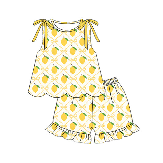 ( Moq 5 )  Preorder Baby Girls Kids Sleeveless Yellow Bows Lemons Scallop Tops Shorts Set Summer Clothes