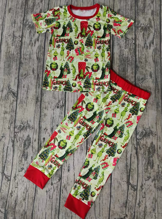 Baby Girl Short Sleeves Shirt Pants Christmas Green Pajamas Set