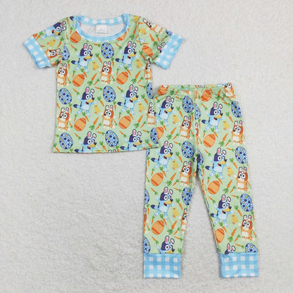 GSPO1253 Easter Baby Girl Short Sleeves Dogs Eggs Shirt Pants Pink Set Pajamas