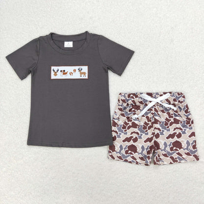 Baby Girl Short Sleeves Embroidery Dog Deer Camo Tops Shorts Set