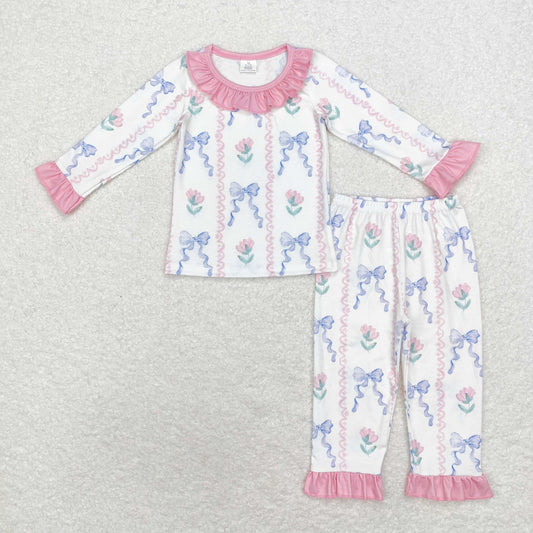 Baby Girl Long Sleeves Bows Flower Ruffle Shirt Pants Pajamas Set