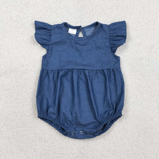 Baby Girl Infant Blue Short Sleeves Buttons Pocket Bubble Romper RTS