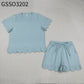 Adult Women Blue Short Sleeves Shirt Scallop Shorts Pajamas Clothes Cotton Set RTS