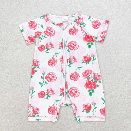 RTS Baby Girl Pink Flower Zipper Short Sleeves Romper