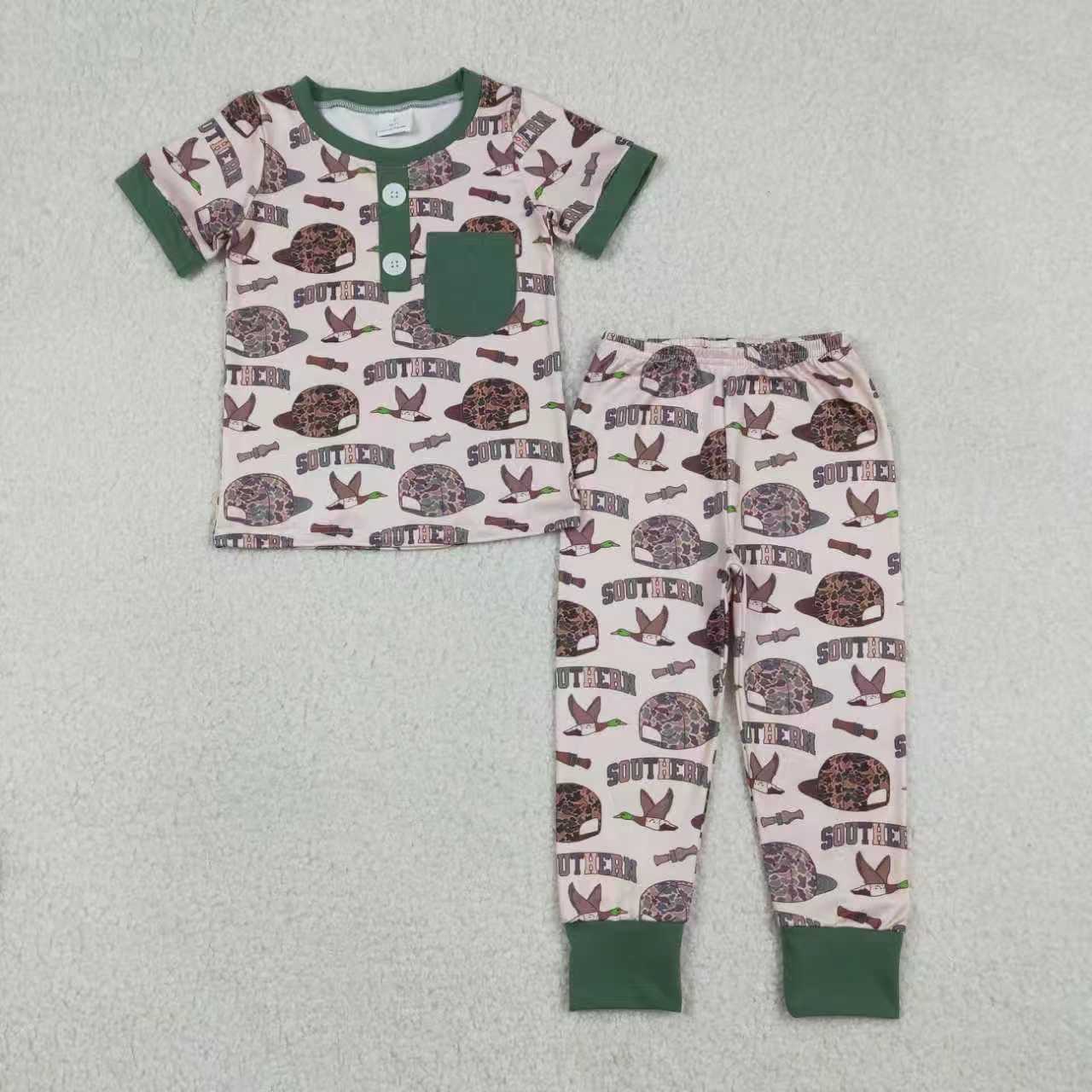 Sibling Baby Boys Short Sleeves Camo Hats Ducks Hunting Southern Buttons Romper Outfit RTS