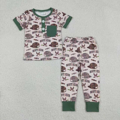 Sibling Baby Boys Short Sleeves Camo Hats Ducks Hunting Southern Buttons Romper Outfit RTS