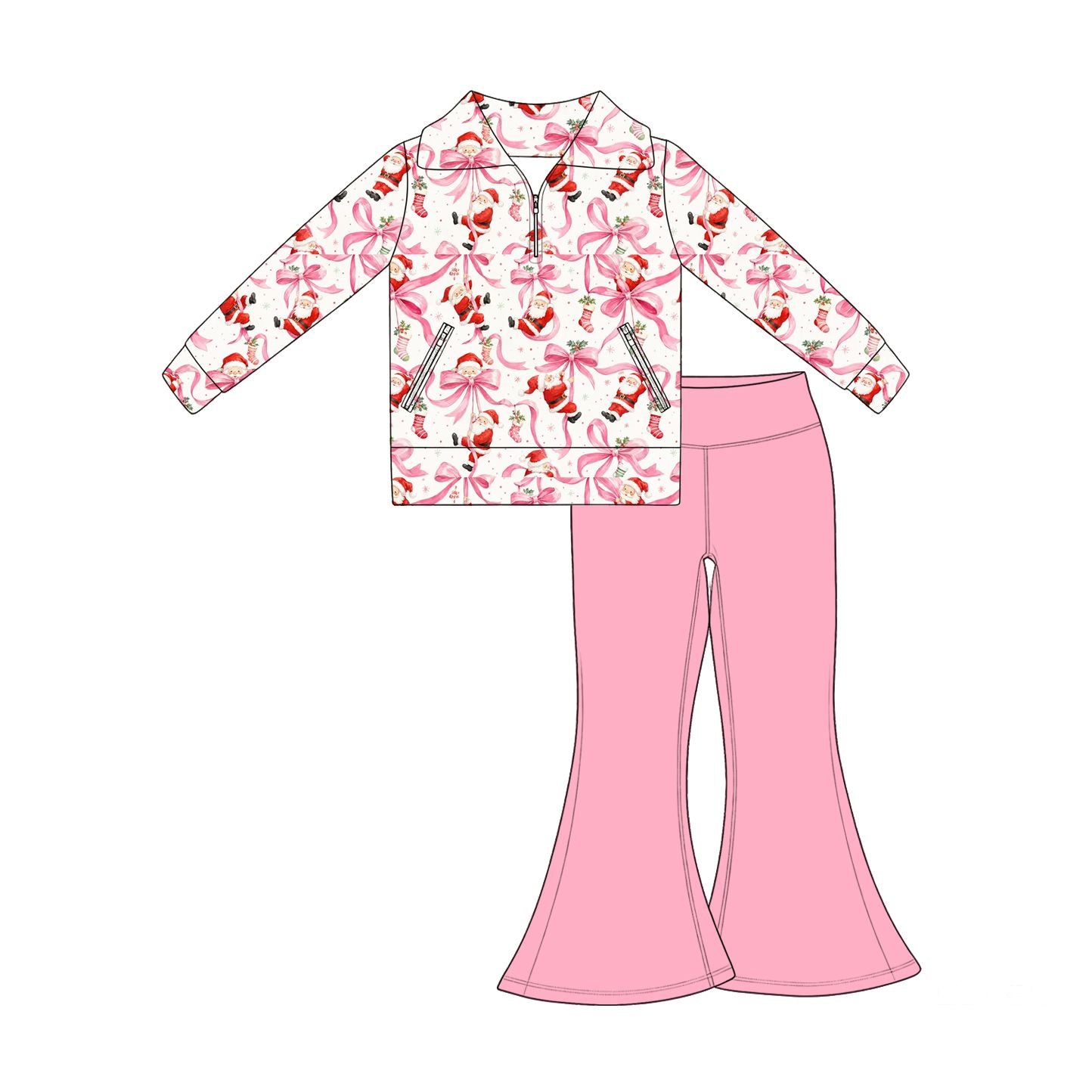 ( Moq 5 ) Preorder Baby Girls Kids Christmas Santa Bows Zipper Pockets Tops Pink Pants Set Clothes
