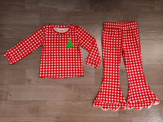 ( No moq ) Preorder Baby Girls Kids Embroidery Christmas Tree Scallop Tops Red Plaid Pants Set