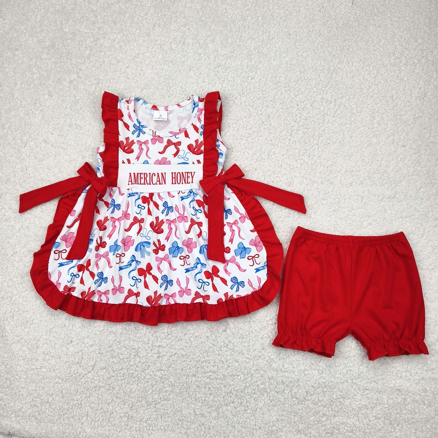 Baby Girl Sleeveless Bows Ruffle Tunic Red Shorts 4th Of July Set RTS