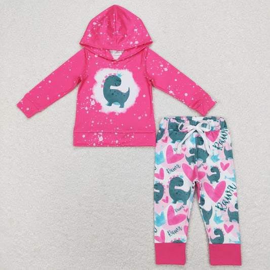 GLP1107 Valentine's Day Baby Girl Long Sleeves Hoodie Shirt Dinosaurs Pants Pink Set