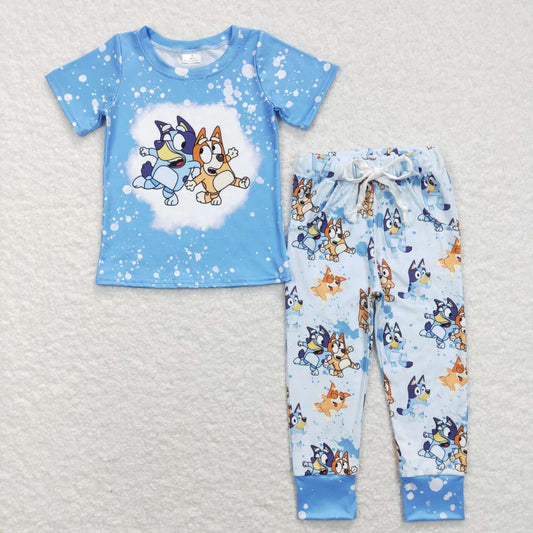 BSPO0222 Baby Boy Blue Shirt Dogs Pocket Pants Set